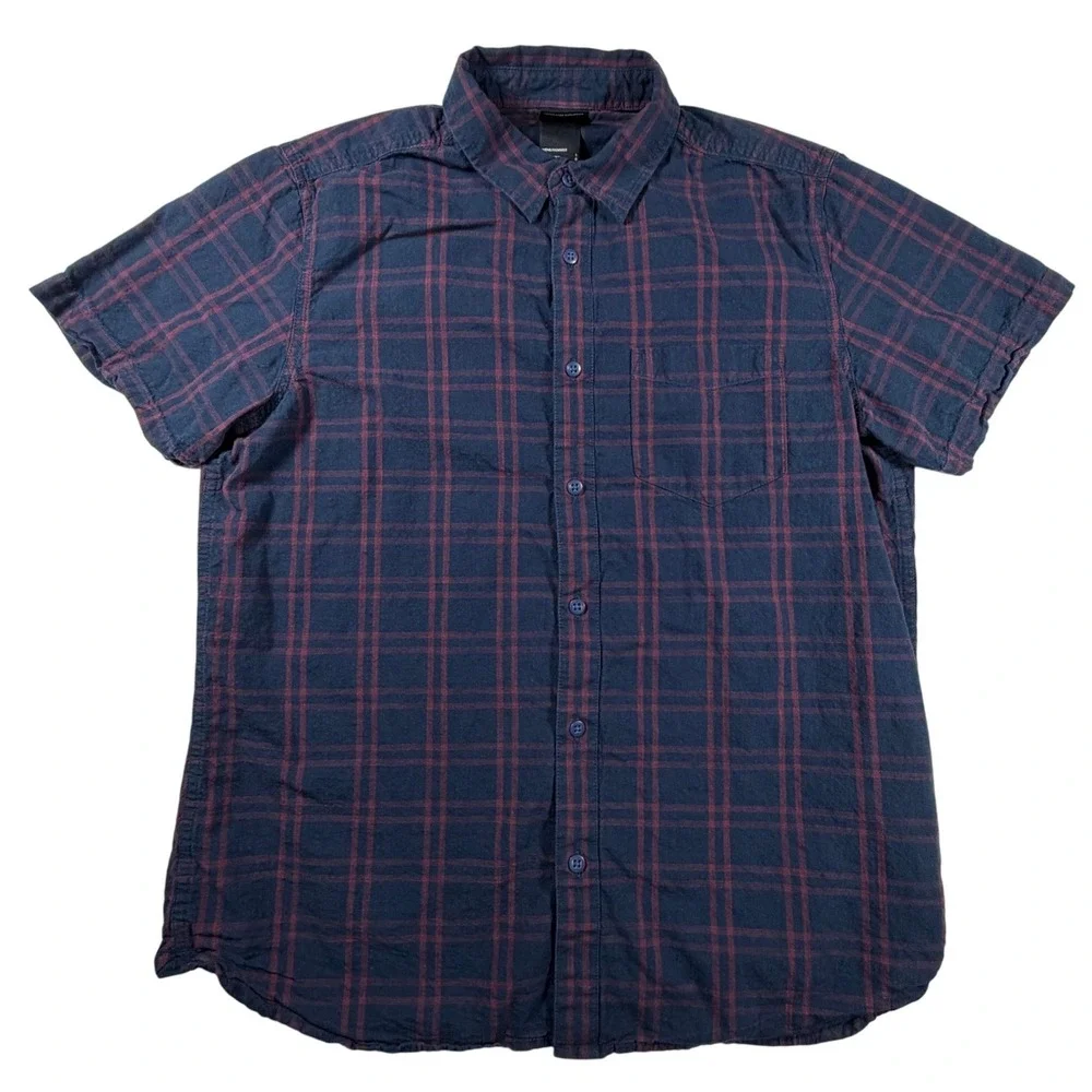 The North Face Mens Large Plaid Short Sleeve Button Down Shirt Navy‎ Burgundy